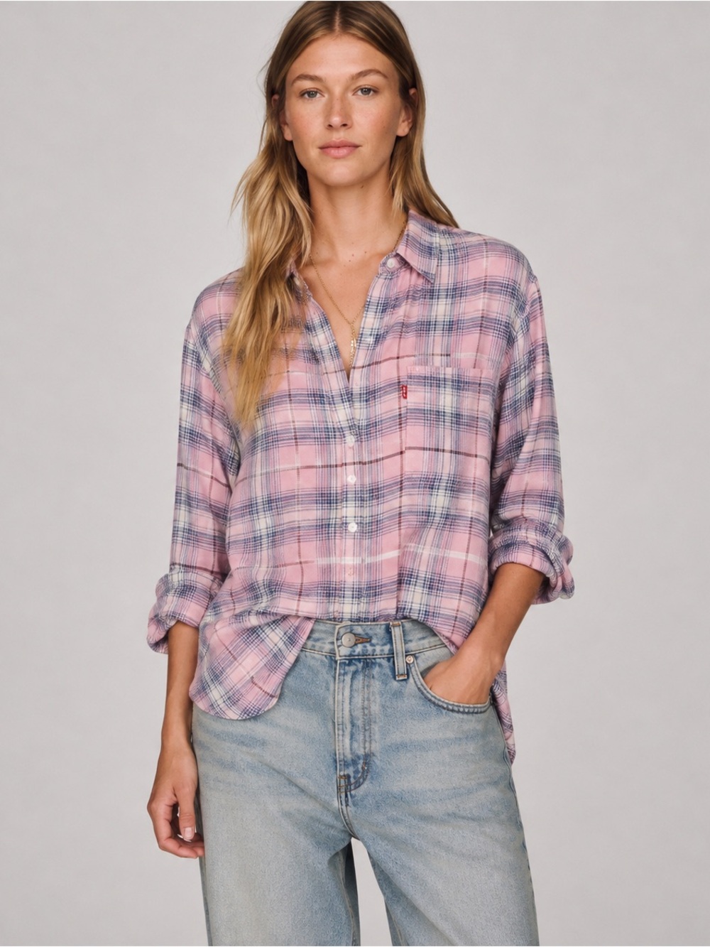 Levi’s Lucas Flannel Shirt Medium Zephyr Pink Plaid Relaxed Fit Button Down